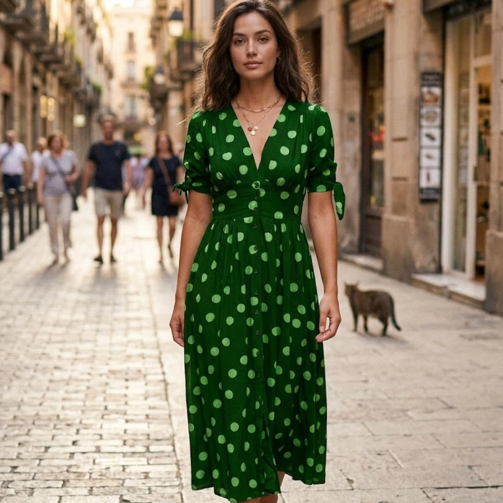 Renee Women’s Midi Dress – Polka Dot V-Neck A-Line Cotton Blend Summer Dress