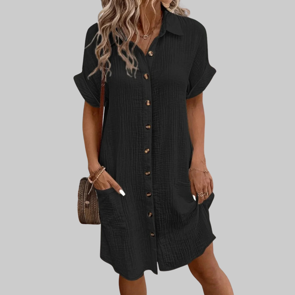 Rowie Women’s Summer Dress – Vintage V-Neck Cotton Linen Mini with 3/4 Sleeves