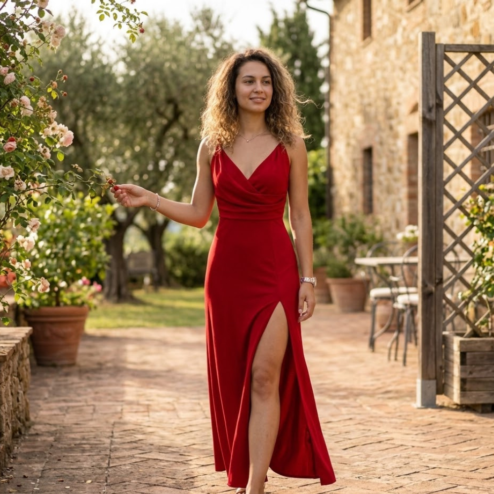 Lanie Women’s Slip Dress – Silky V-Neck Side Split Elegant Evening Summer Dress