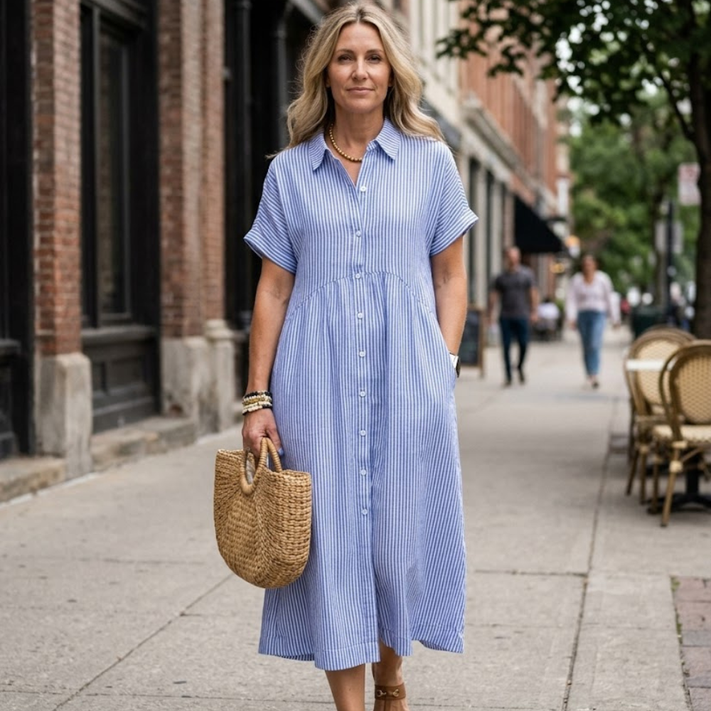 Malina Women’s Maxi Shirt Dress – Striped Button-Down Long Sleeve Elegant Fit