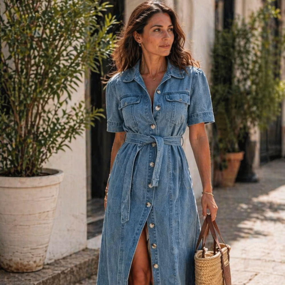 Anna Women’s Denim Dress – Button Down Midi Dress with Relaxed Fit & Breathable Fabric