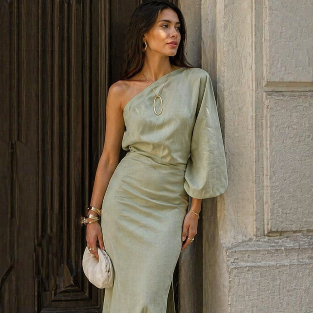 Patrice Women’s Satin Dress – One Shoulder Asymmetric Gown with High Slit Elegant Fit