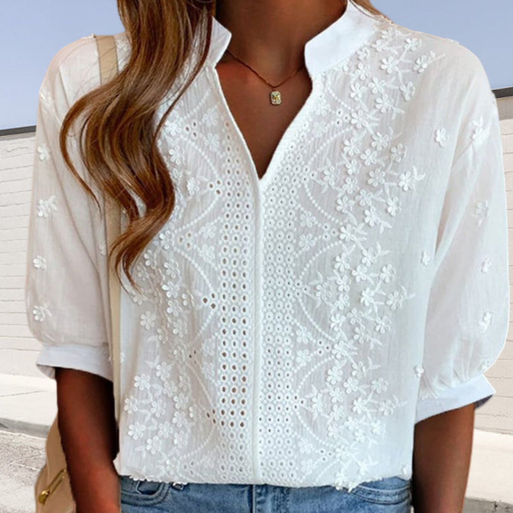 Amelie Women’s Blouse – V-Neck Puff Sleeve Cotton Lace Elegant Casual Fit