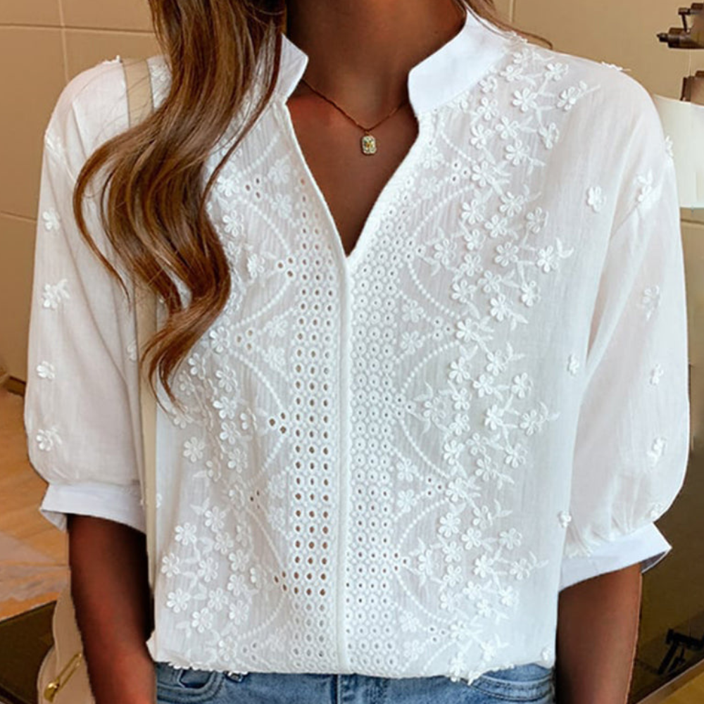 Amelie Women’s Blouse – V-Neck Puff Sleeve Cotton Lace Elegant Casual Fit