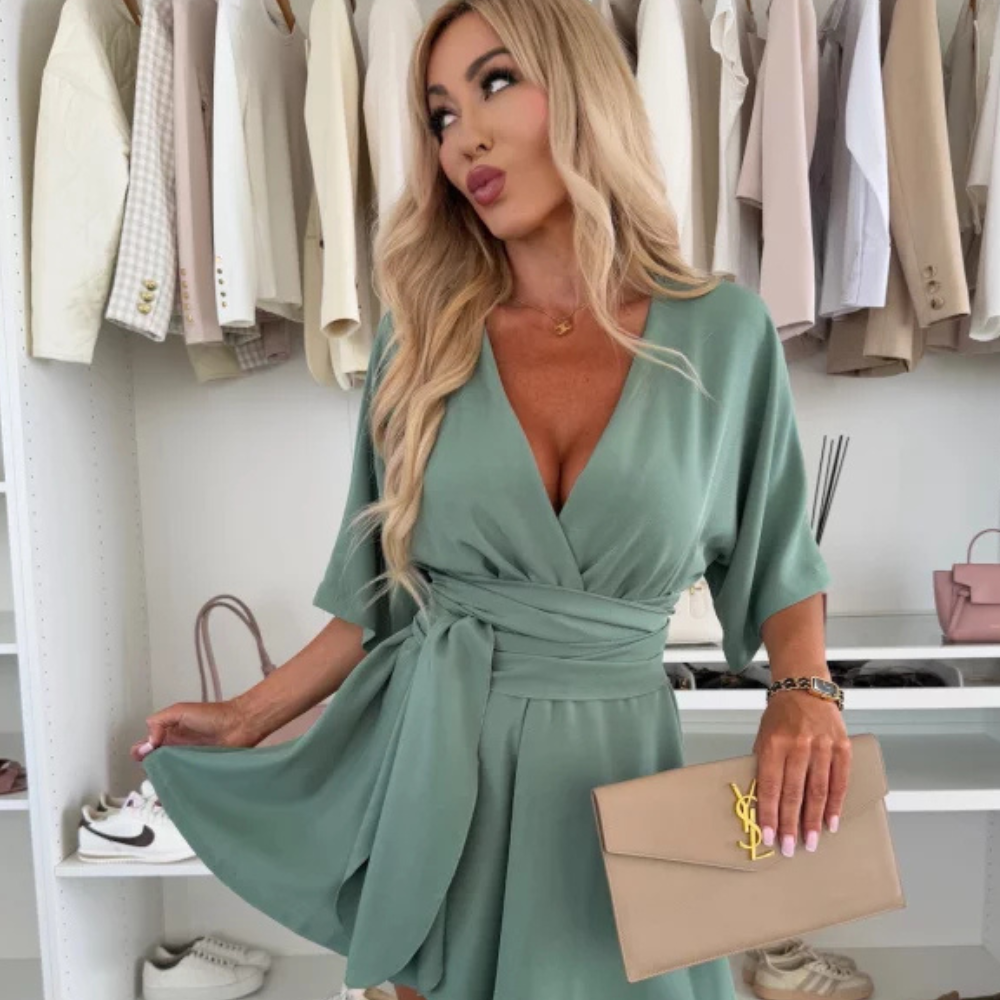 Erica Women’s Playsuit – V-Neck Belted Lightweight Flowy Summer Casual Chic Fit
