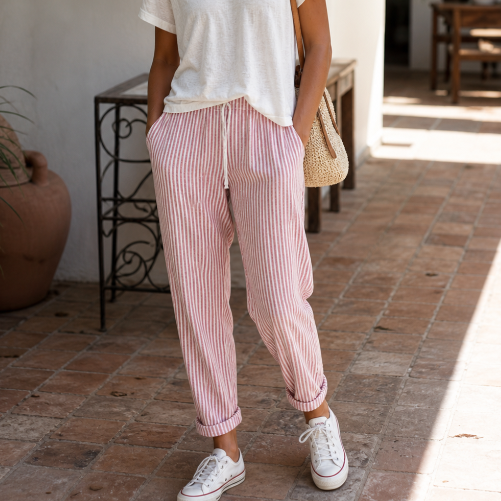 Lore Women’s Striped Trousers – Lightweight Elastic Waist Breathable Casual Fit