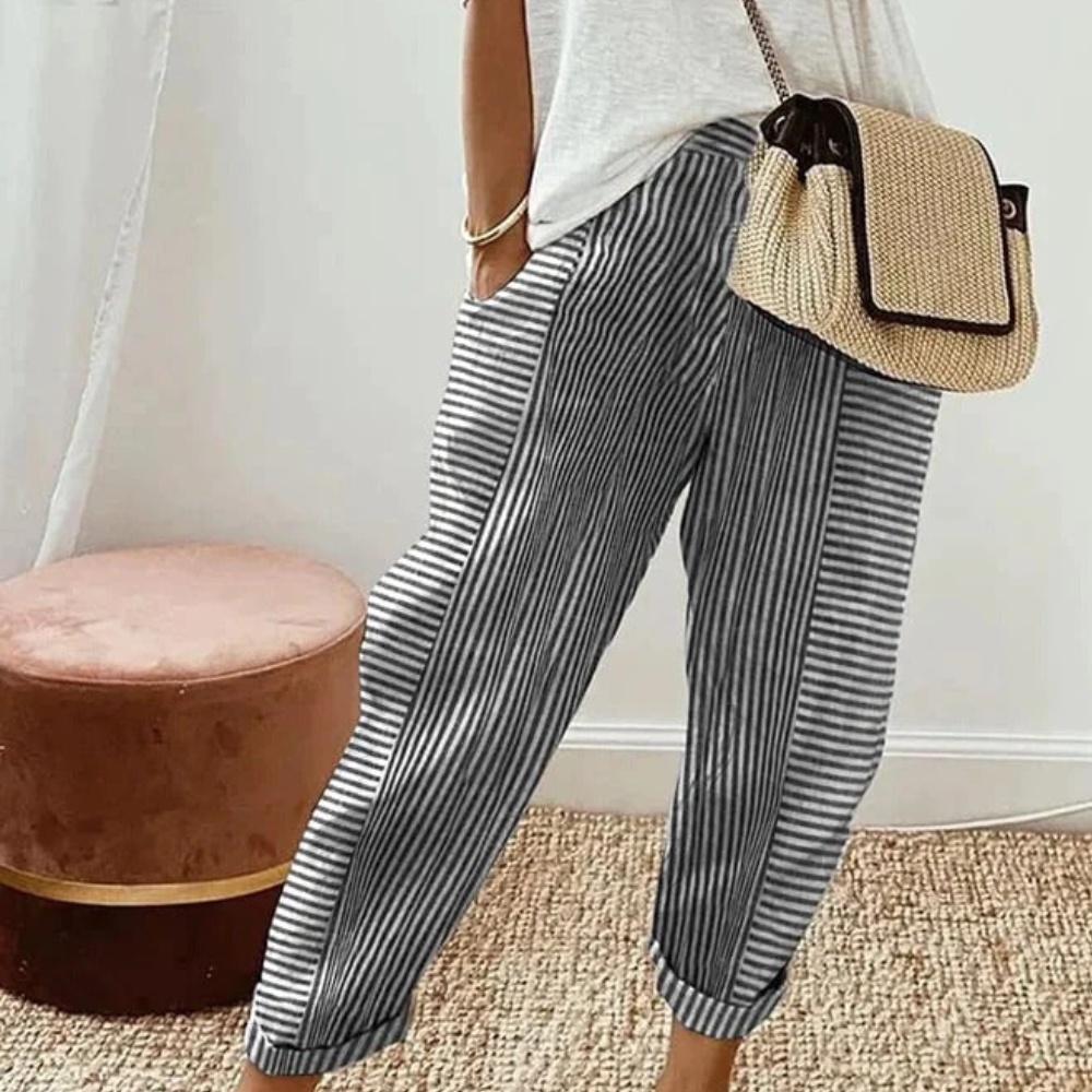 Lore Women’s Striped Trousers – Lightweight Elastic Waist Breathable Casual Fit
