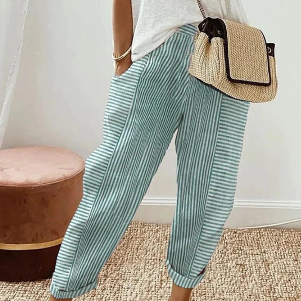 Lore Women’s Striped Trousers – Lightweight Elastic Waist Breathable Casual Fit