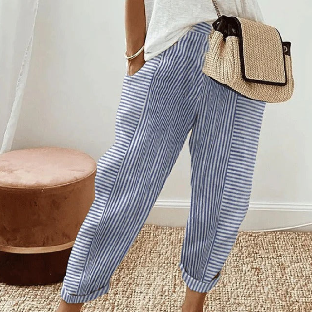 Lore Women’s Striped Trousers – Lightweight Elastic Waist Breathable Casual Fit