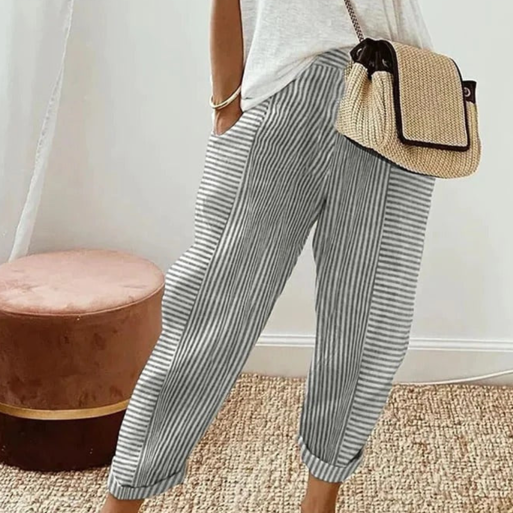 Lore Women’s Striped Trousers – Lightweight Elastic Waist Breathable Casual Fit