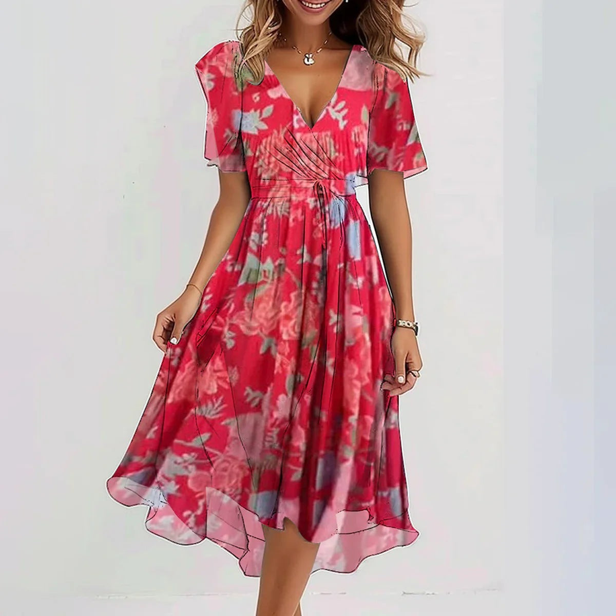 Sonia Women’s Midi Dress – Floral V-Neck Lightweight Flowy Elegant Summer Fit